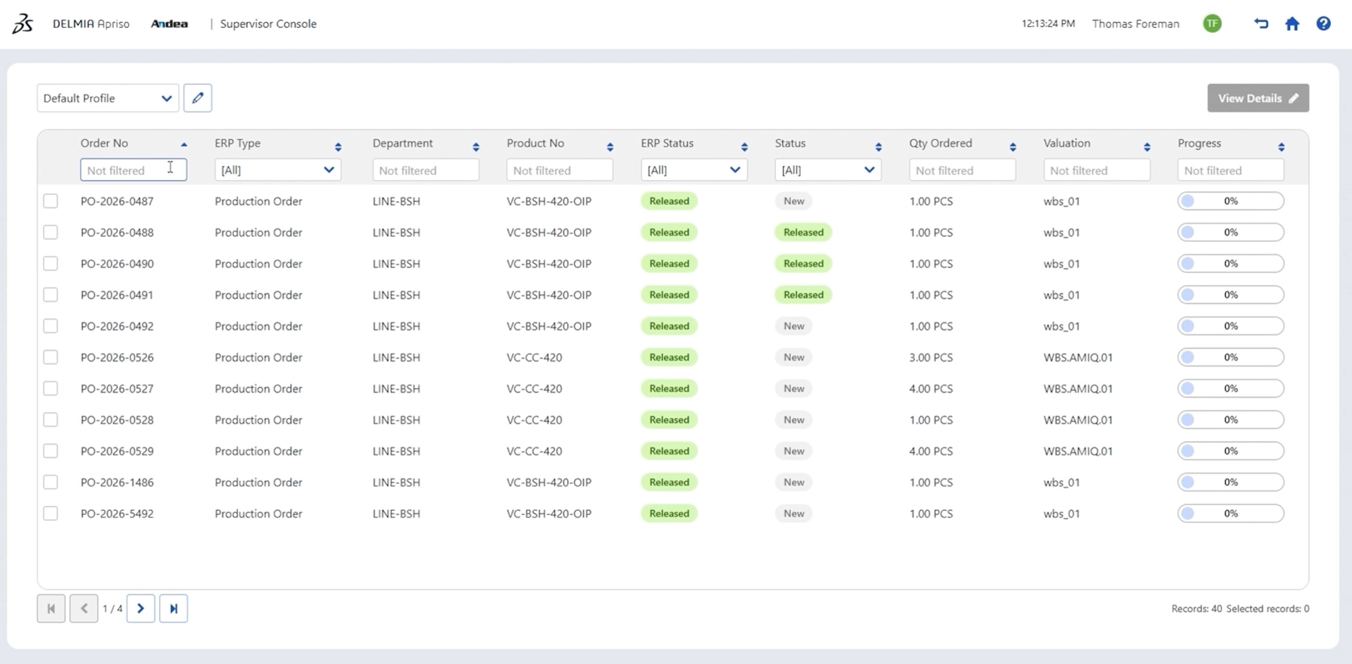 Supervisor Console UI for manufacturing, showing a list of production orders with details like order number, ERP status, quantity ordered, valuation, and progress. Includes search filters for efficient production planning and MES management.