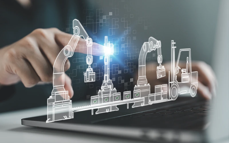 A hand interacts with a futuristic digital blueprint of an automated factory. The blueprint displays robotic arms, conveyor belts, and a forklift planning for efficient production.