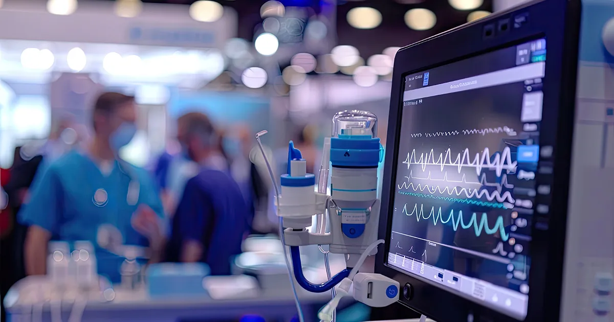 Close-up of a medical monitor displaying vital signs waveforms, with ventilator components in the foreground. Blurry background shows people in a convention or hospital setting.