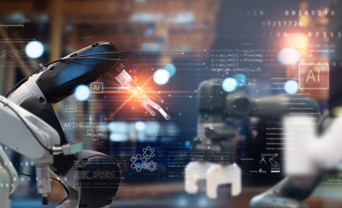 Robotic arm with AI overlay in a factory setting showcasing digital transformation, MES, and production planning concepts.