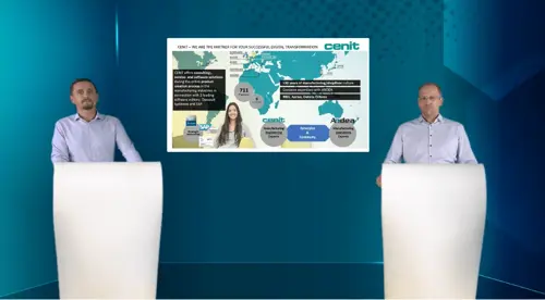 Two men stand at podiums with a digital transformation presentation by CENIT and ANDEA showing global presence and partnerships with software editors like SAP.