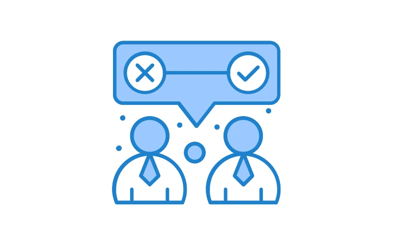 Blue line art shows two simplified figures in suits facing each other. Above them, a speech bubble contains a line connecting a red 'X' symbol to a green checkmark, symbolizing assessment or decision-making in production.