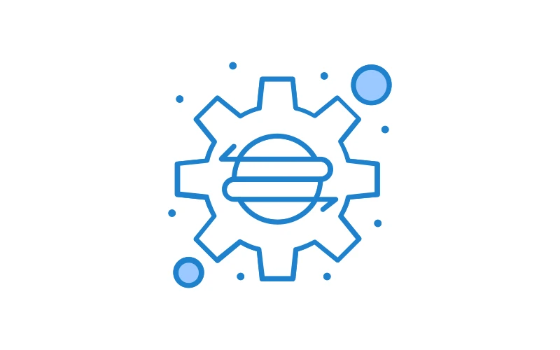 Blue line icon representing manufacturing implementation with a gear symbol and circular arrows indicating process flow. Supporting small dots and circles suggest connectivity and data.