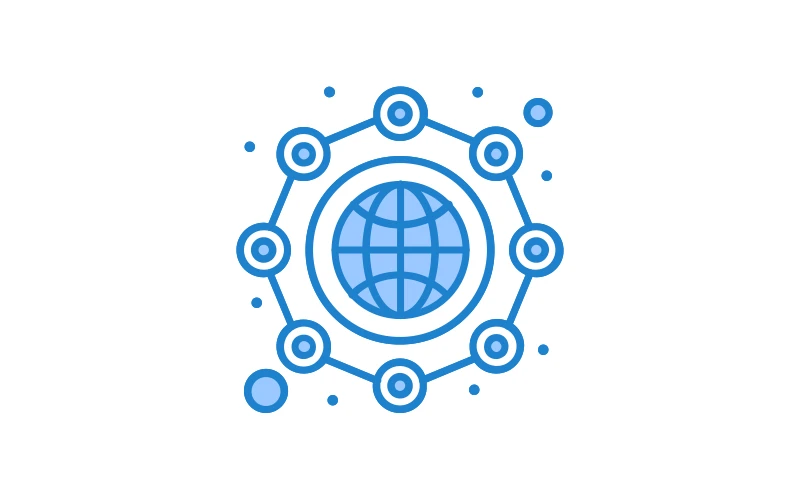 Abstract blue icon representing global network deployments for manufacturing, with a central globe surrounded by interconnected nodes and dots.